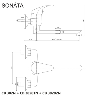 Mereo Sonáta dřezová baterie nástěnná 150 mm s ramínkem plochým rovným 210 mm CB302N