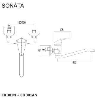 Mereo Sonáta dřezová baterie nástěnná 100 mm s ramínkem plochým vyhnutým 210 mm CB301AN