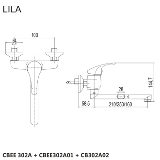 Mereo Lila dřezová baterie nástěnná 100 mm s ramínkem plochým rovným 250 mm CBEE302A01