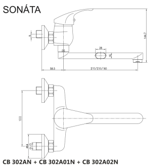 Mereo Sonáta dřezová baterie nástěnná 100 mm s ramínkem plochým rovným 160 mm CB302A02N