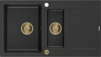 Mexen Matias granitový dřez 1,5 miska s odkapávačem 900 x 505 mm, černá/stříbrná metalíza, zlatý sifon - 6502901505-73-G