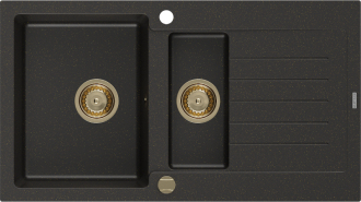 Mexen Matias granitový dřez 1,5 misky s odkapávačem 900 x 505 mm, černá/zlatá metalíza, zlatý sifon - 6502901505-75-G