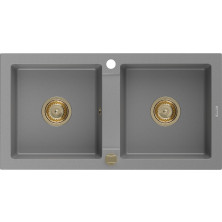 Mexen Mario 2miskový granitový dřez 820 x 436 mm, šedý, zlatý sifon - 6504822000-71-G