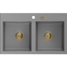 Mexen Hektor 2miskový granitový dřez 800 x 480 mm, šedý, zlatý sifon - 6521802000-71-G