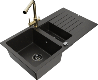 Mexen Matias granitový dřez 1,5 misky s odkapávačem a kuchyňskou baterií Duero, černo/zlatá - 6502-75-671600-50-B