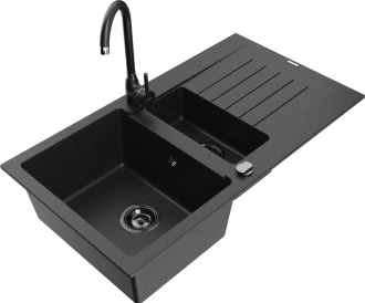 Mexen Matias granitový dřez 1,5 misky s odkapávačem a kuchyňskou baterií Telma, černá/stříbrná - 6502-73-670200-70-B