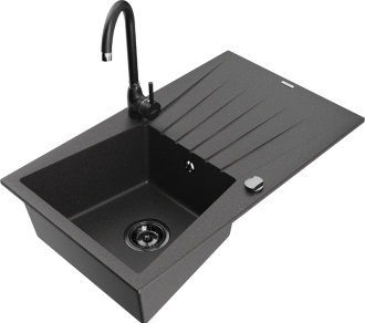 Mexen Cesar 1-miskový granit dřez s odkapem a baterií Telma, černá 6514-76-670200-70-B