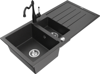 Mexen Andres 1,5miskový granitový dřez s odkapávačem a kuchyňskou baterií Carla, skvrnitá černá - 6515-76-670700-70