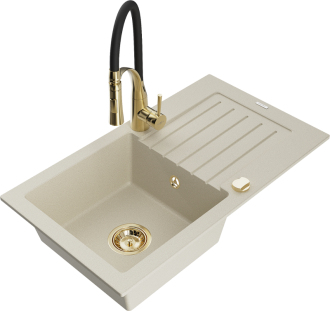 Mexen Pablo 1miskový granitový dřez s odkapávačem a kuchyňskou baterií Aster, béžová - 6510-69-73450-57-G