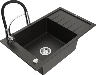 Mexen Elias 1miskový granitový dřez s odkapávačem a kuchyňskou baterií Aster, černá/zlatá metalíza - 6511-75-73450-70