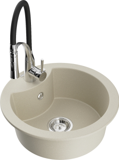Mexen Diego 1-miskový granitový dřez s kuchyňskou baterií Aster, béžová - 6512-69-73450-07