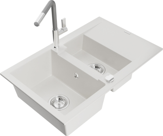 Mexen Gaspar 1,5 granit dřez s odkapem a baterií Flora, bílá 6507-20-670401-06