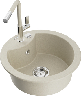 Mexen Diego 1-miskový granitový dřez s kuchyňskou baterií Flora, béžová 6512-69-670401-09
