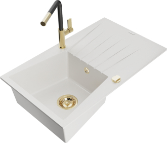 Mexen Cesar 1-miskový granit dřez s odkapem a baterií Flora, bílá 6514-20-670401-57-G